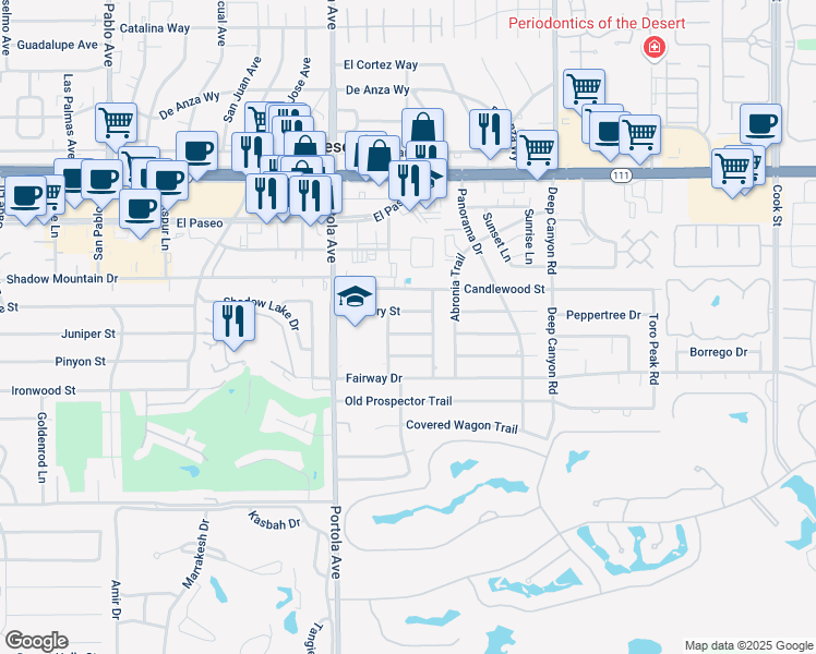 map of restaurants, bars, coffee shops, grocery stores, and more near 74126 Chicory Street in Palm Desert