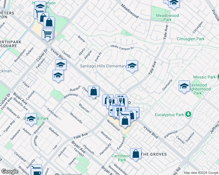 map of restaurants, bars, coffee shops, grocery stores, and more near 1 Alameda in Irvine
