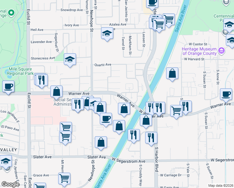 map of restaurants, bars, coffee shops, grocery stores, and more near 11671 Gladstone Circle in Fountain Valley