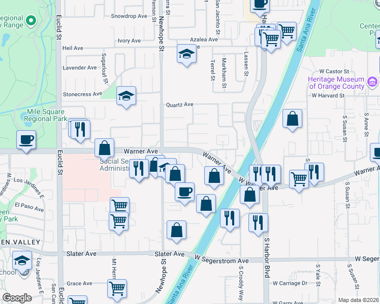 map of restaurants, bars, coffee shops, grocery stores, and more near 11671 Gladstone Circle in Fountain Valley