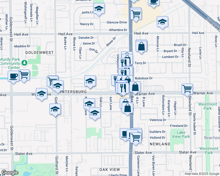 map of restaurants, bars, coffee shops, grocery stores, and more near 7912 Westwood Lane in Huntington Beach