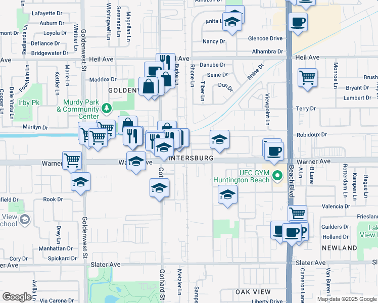 map of restaurants, bars, coffee shops, grocery stores, and more near 13781 Nichols Lane in Huntington Beach