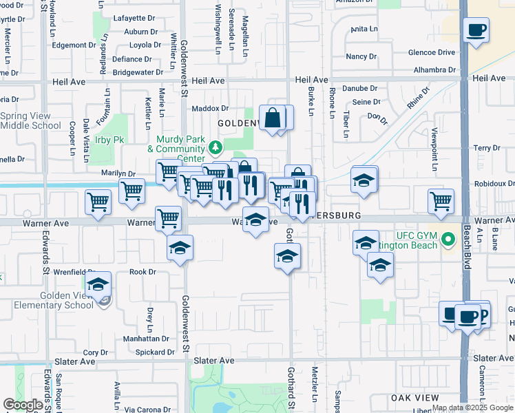 map of restaurants, bars, coffee shops, grocery stores, and more near 7241 Toulouse Drive in Huntington Beach