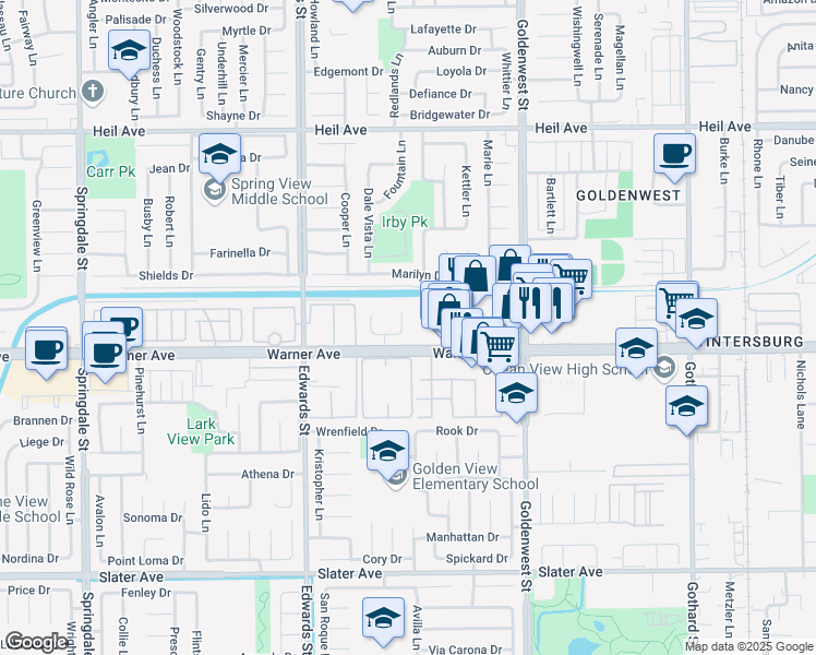 map of restaurants, bars, coffee shops, grocery stores, and more near 16892 Limelight Circle in Huntington Beach