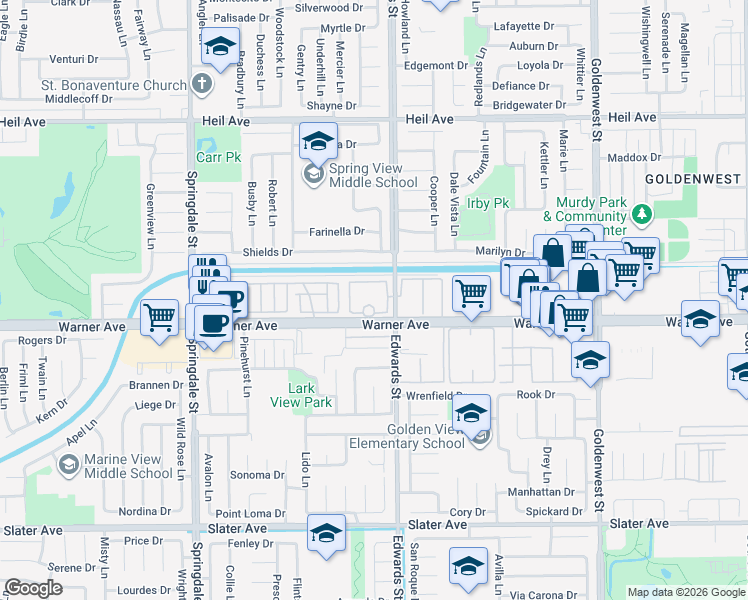 map of restaurants, bars, coffee shops, grocery stores, and more near 6401 Warner Avenue in Huntington Beach