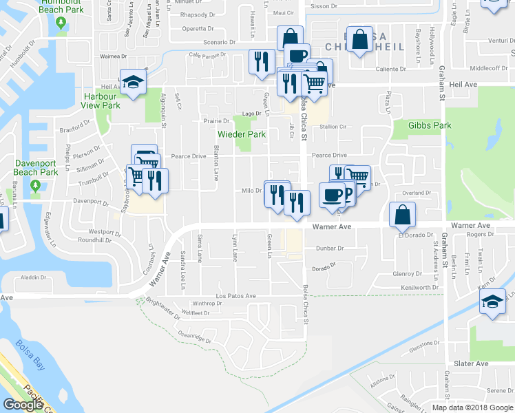 map of restaurants, bars, coffee shops, grocery stores, and more near 16861 Green Lane in Huntington Beach