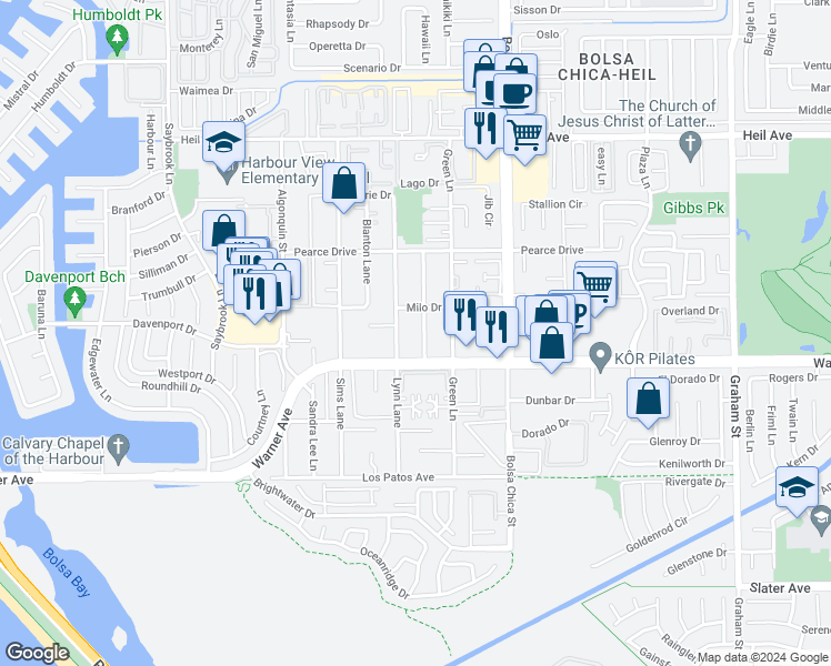 map of restaurants, bars, coffee shops, grocery stores, and more near 16862 Lynn Lane in Huntington Beach