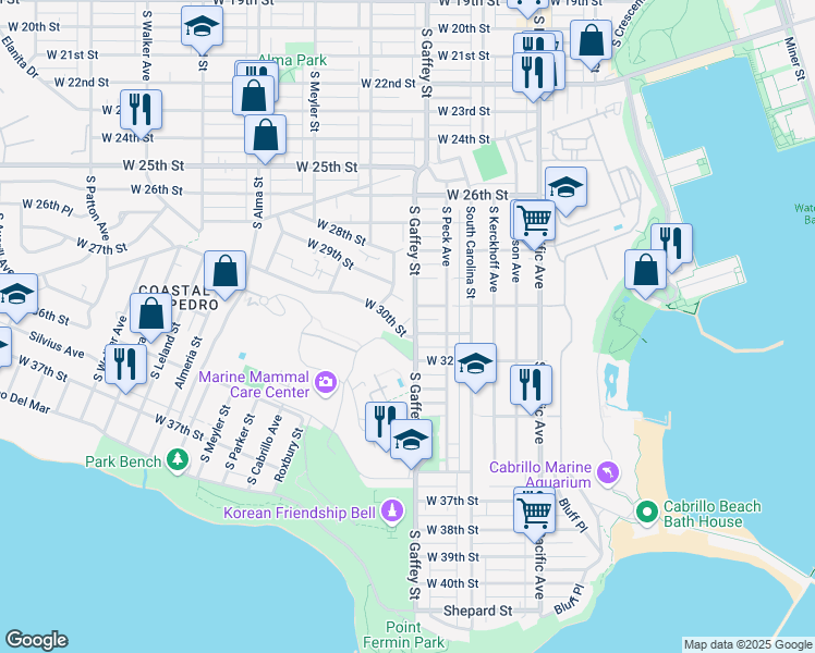 map of restaurants, bars, coffee shops, grocery stores, and more near 2915 South Gaffey Street in Los Angeles
