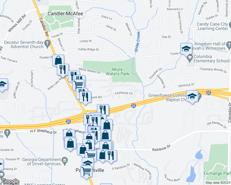 map of restaurants, bars, coffee shops, grocery stores, and more near 243 Kaybrook Road in Decatur