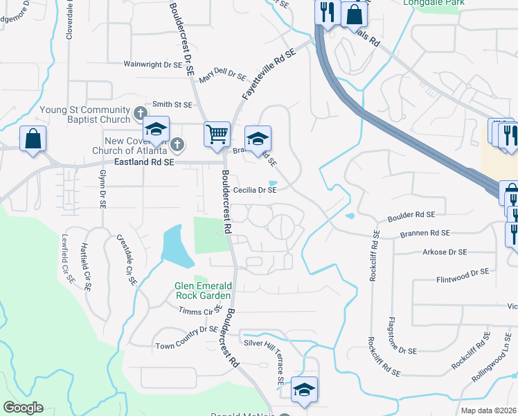 map of restaurants, bars, coffee shops, grocery stores, and more near 1516 Cecilia Drive Southeast in Atlanta
