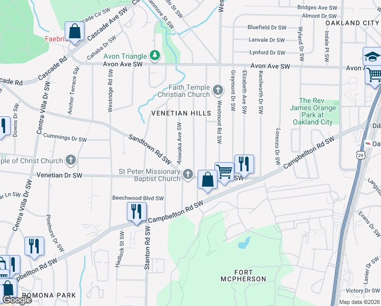 map of restaurants, bars, coffee shops, grocery stores, and more near 1429 Willow Trail Southwest in Atlanta