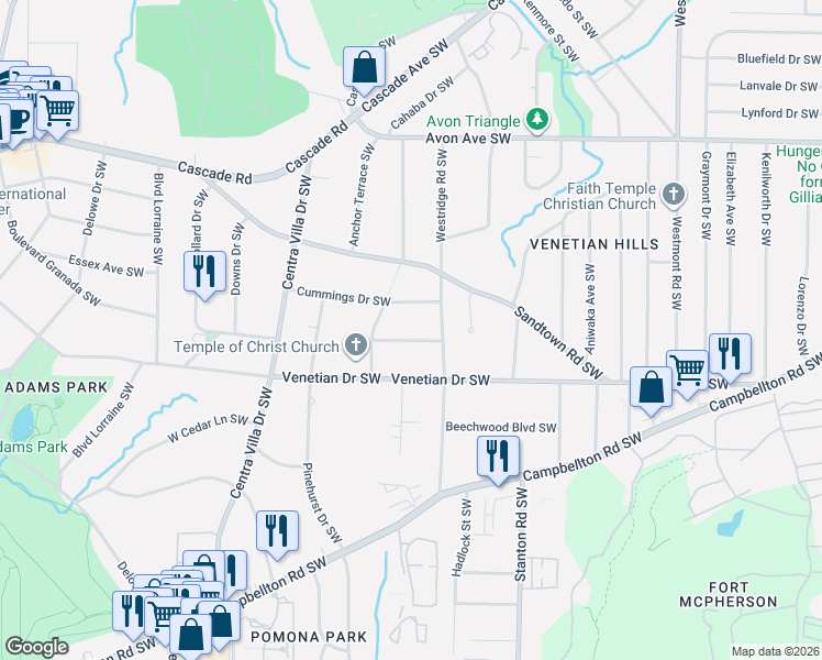 map of restaurants, bars, coffee shops, grocery stores, and more near 1854 Cummings Drive Southwest in Atlanta