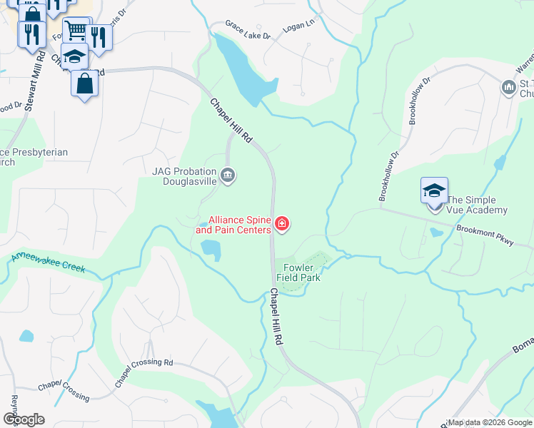 map of restaurants, bars, coffee shops, grocery stores, and more near 3269 Chapel Hill Road in Douglasville