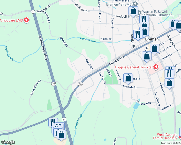 map of restaurants, bars, coffee shops, grocery stores, and more near 108 Sewell Road in Bremen