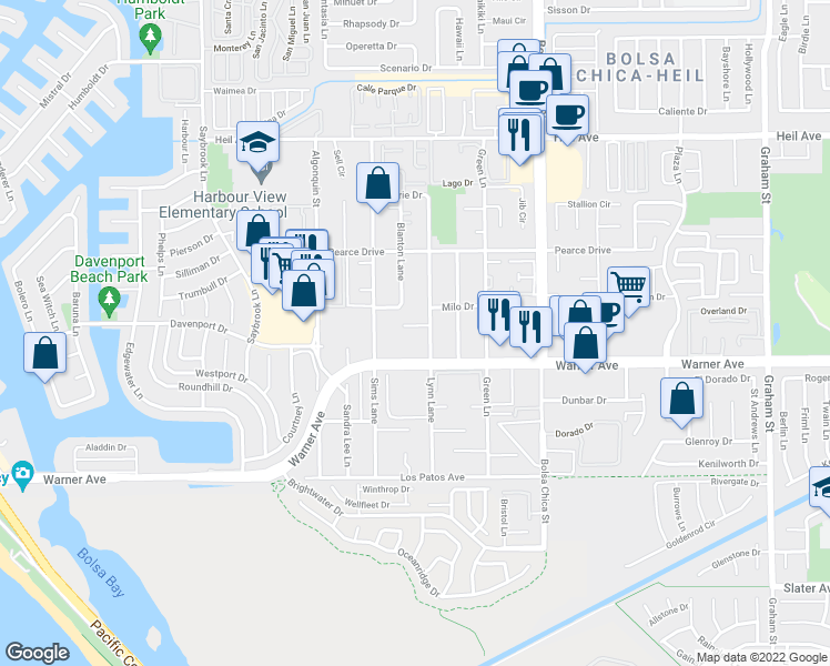 map of restaurants, bars, coffee shops, grocery stores, and more near 16885 Lynn Lane in Huntington Beach
