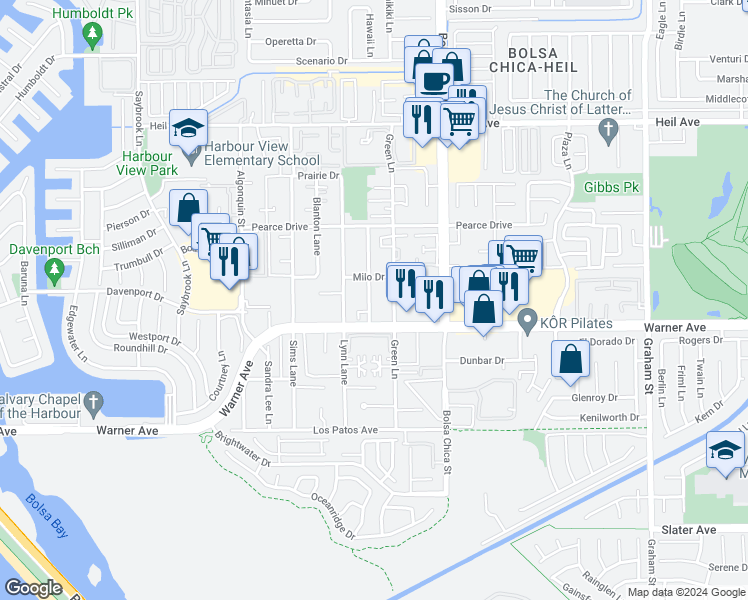 map of restaurants, bars, coffee shops, grocery stores, and more near 16902 Hoskins Lane in Huntington Beach