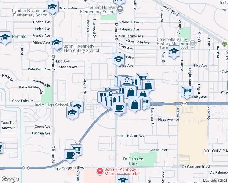 map of restaurants, bars, coffee shops, grocery stores, and more near in Indio