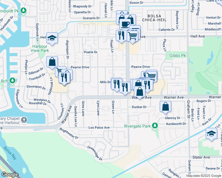 map of restaurants, bars, coffee shops, grocery stores, and more near 16861 Green Lane in Huntington Beach
