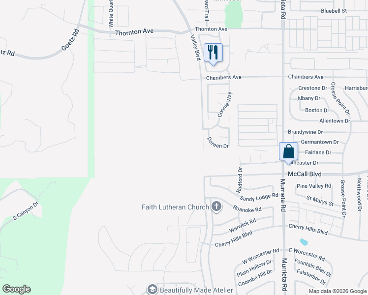 map of restaurants, bars, coffee shops, grocery stores, and more near 27976 Doreen Drive in Menifee