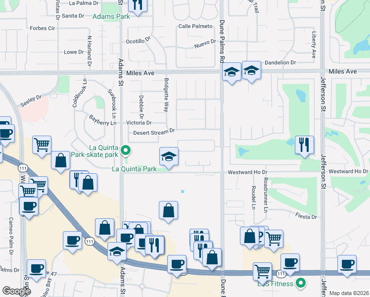 map of restaurants, bars, coffee shops, grocery stores, and more near 79310 Paseo Del Rey in La Quinta