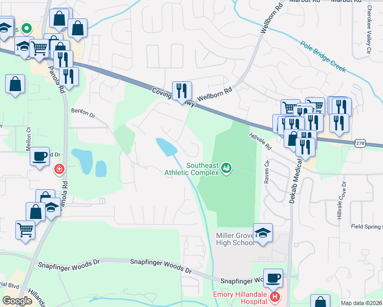 map of restaurants, bars, coffee shops, grocery stores, and more near 5825 Lakeview Circle in Lithonia