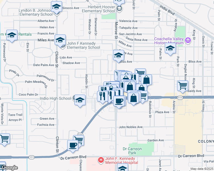 map of restaurants, bars, coffee shops, grocery stores, and more near 81840 Avenue Del Mar in Indio
