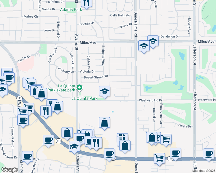 map of restaurants, bars, coffee shops, grocery stores, and more near 45785 Camino Vista in La Quinta