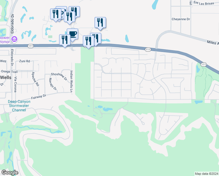 map of restaurants, bars, coffee shops, grocery stores, and more near 45795 Hopi Road in Indian Wells