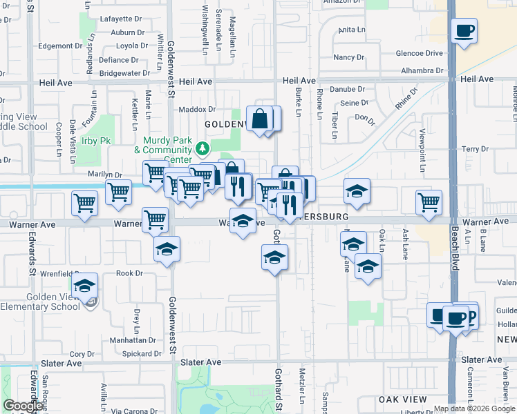 map of restaurants, bars, coffee shops, grocery stores, and more near 7301 Elk Circle in Huntington Beach