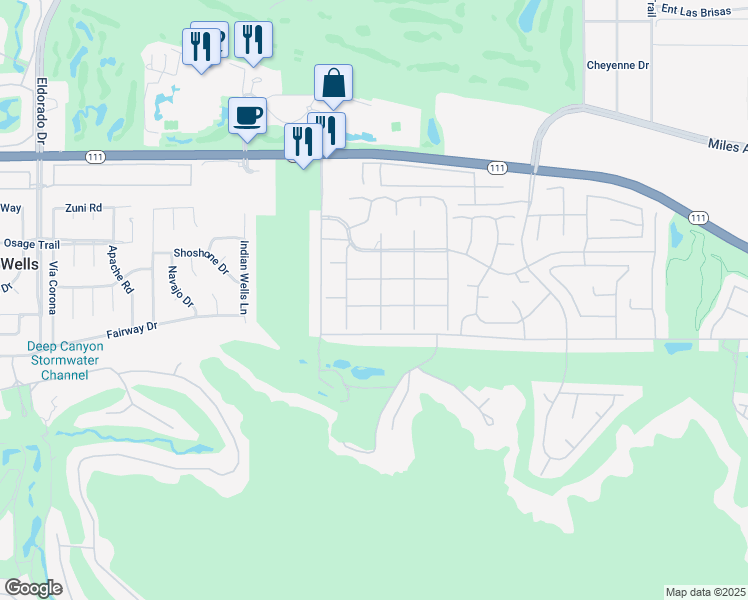 map of restaurants, bars, coffee shops, grocery stores, and more near 45795 Hopi Road in Indian Wells
