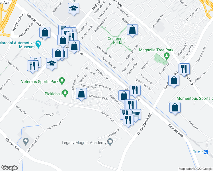 map of restaurants, bars, coffee shops, grocery stores, and more near 1443 Charleston Street in Tustin