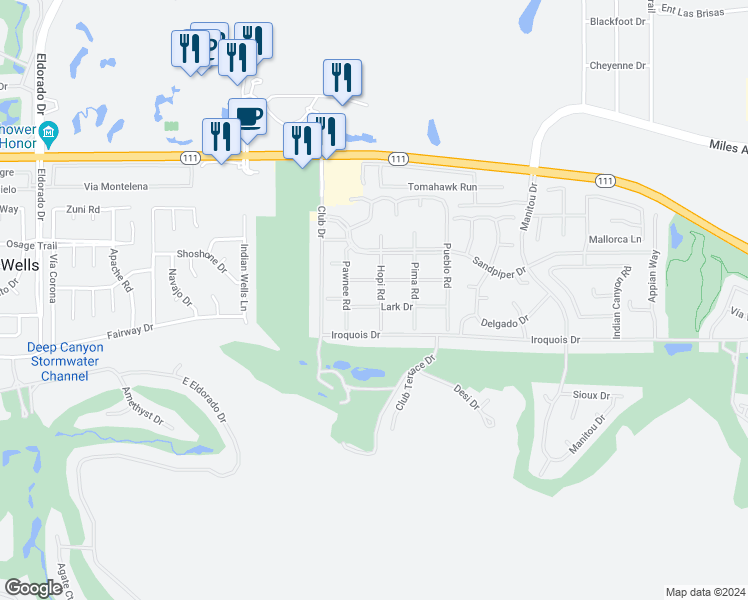 map of restaurants, bars, coffee shops, grocery stores, and more near 45795 Hopi Road in Indian Wells
