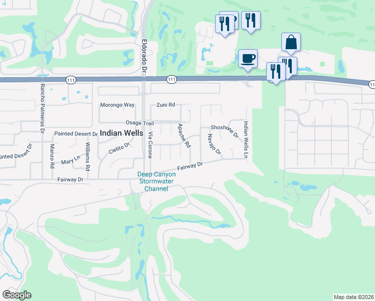 map of restaurants, bars, coffee shops, grocery stores, and more near 45595 Apache Road in Indian Wells
