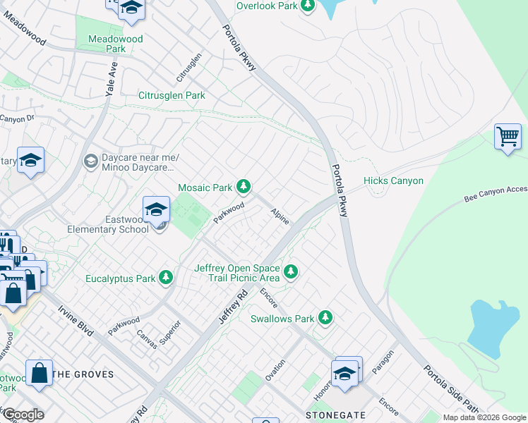 map of restaurants, bars, coffee shops, grocery stores, and more near 156 Lovelace in Irvine