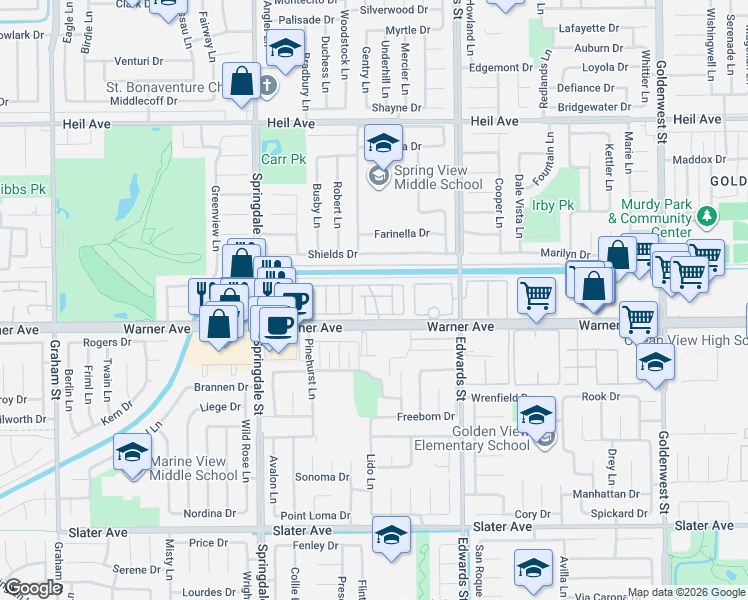 map of restaurants, bars, coffee shops, grocery stores, and more near 6301 Warner Avenue in Huntington Beach