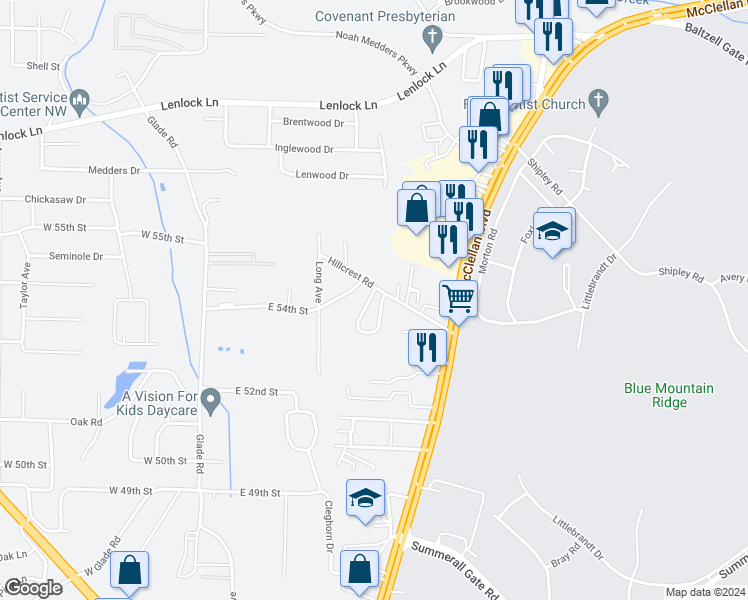 map of restaurants, bars, coffee shops, grocery stores, and more near 5311 Whisperwood Court in Anniston