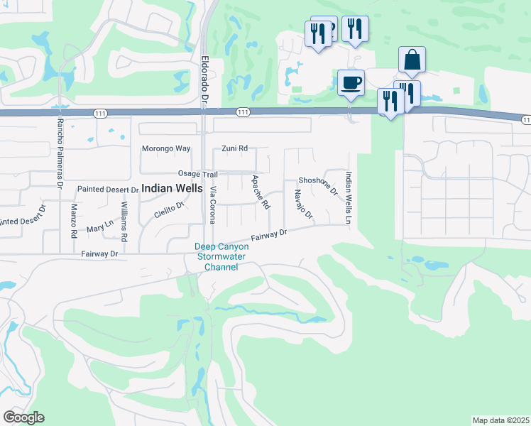 map of restaurants, bars, coffee shops, grocery stores, and more near 45655 Apache Road in Indian Wells