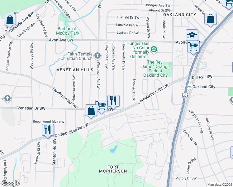 map of restaurants, bars, coffee shops, grocery stores, and more near 1386 Elizabeth Avenue Southwest in Atlanta