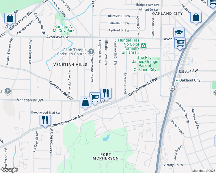 map of restaurants, bars, coffee shops, grocery stores, and more near 1386 Elizabeth Avenue Southwest in Atlanta