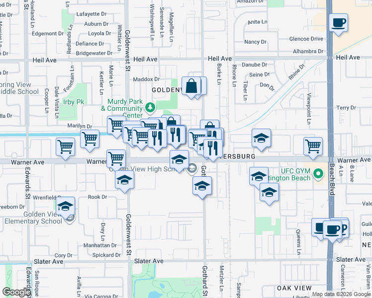map of restaurants, bars, coffee shops, grocery stores, and more near 7271 Elk Circle in Huntington Beach