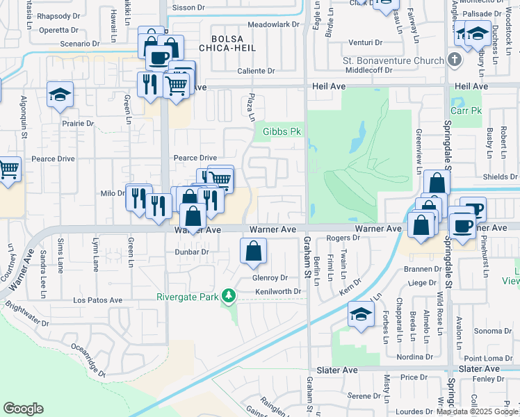 map of restaurants, bars, coffee shops, grocery stores, and more near 16912 Canyon Lane in Huntington Beach