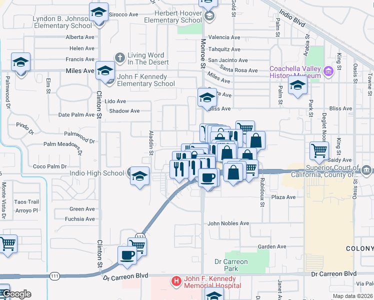 map of restaurants, bars, coffee shops, grocery stores, and more near 81840 Avenue Del Mar in Indio