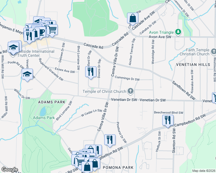 map of restaurants, bars, coffee shops, grocery stores, and more near 1406 Centra Villa Drive Southwest in Atlanta