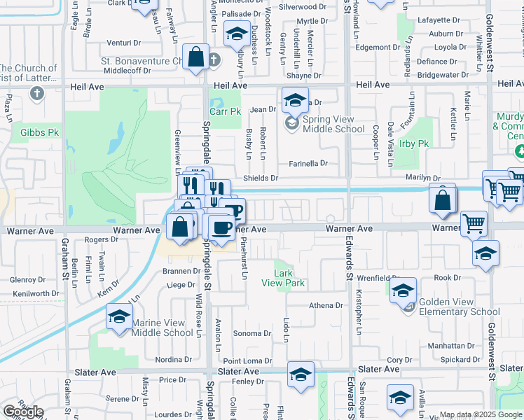 map of restaurants, bars, coffee shops, grocery stores, and more near 6301 Warner Avenue in Huntington Beach