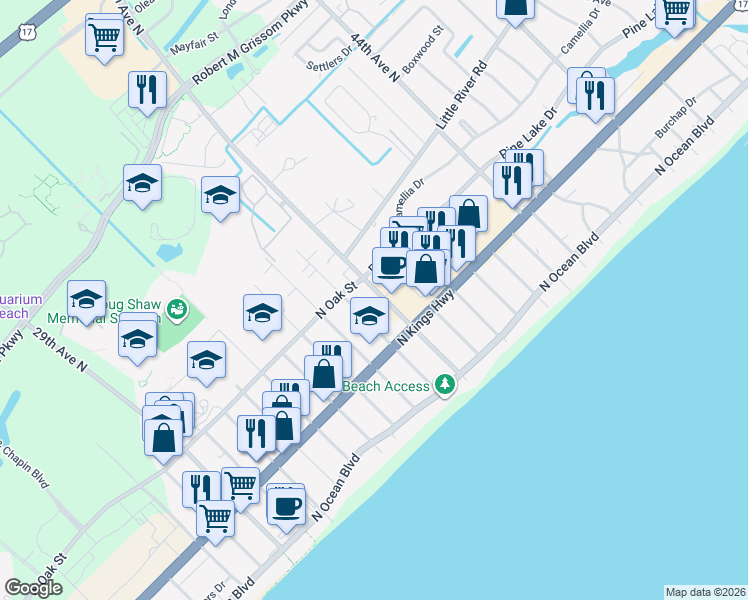 map of restaurants, bars, coffee shops, grocery stores, and more near 513 38th Avenue North in Myrtle Beach