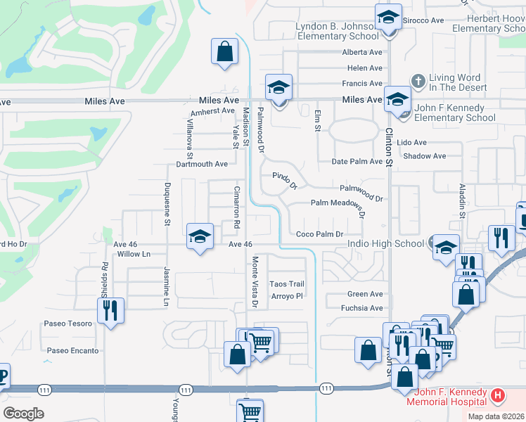 map of restaurants, bars, coffee shops, grocery stores, and more near 81097 King Palm Drive in Indio