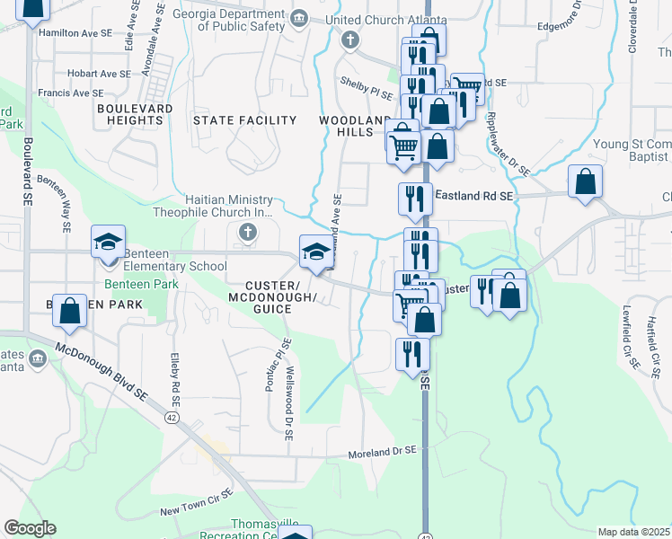 map of restaurants, bars, coffee shops, grocery stores, and more near 1398 Woodland Avenue Southeast in Atlanta
