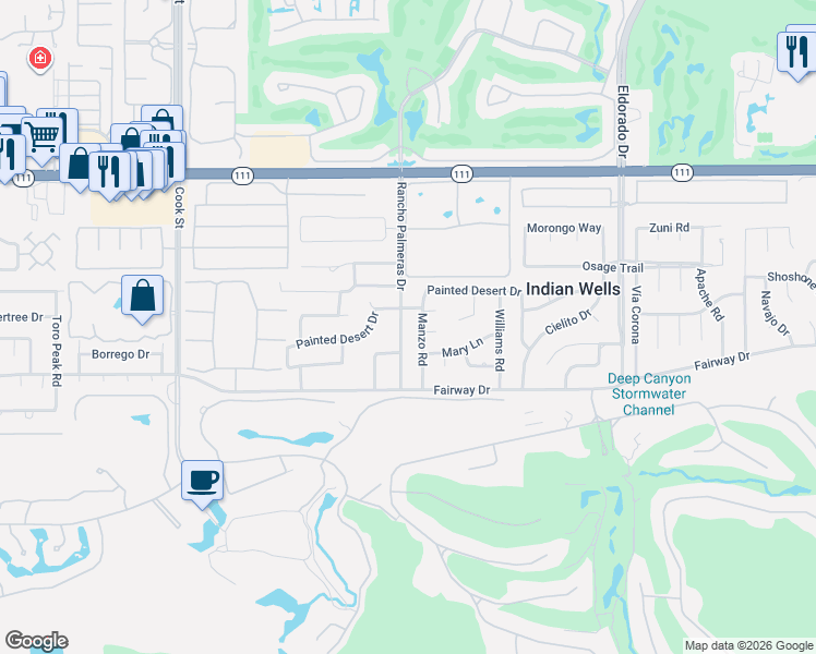 map of restaurants, bars, coffee shops, grocery stores, and more near 45540 Rancho Palmeras Drive in Indian Wells