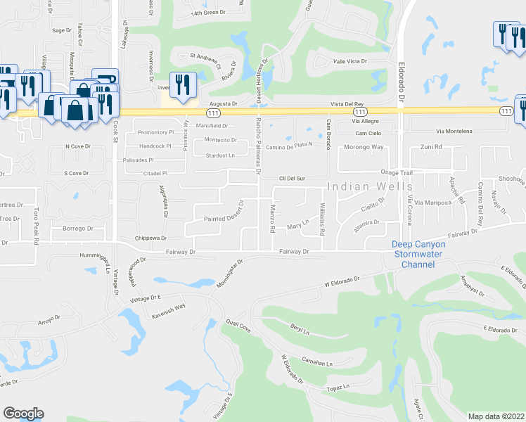 map of restaurants, bars, coffee shops, grocery stores, and more near 45640 Rancho Palmeras Drive in Indian Wells