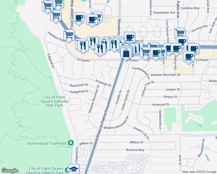 map of restaurants, bars, coffee shops, grocery stores, and more near 45817 California 74 in Palm Desert